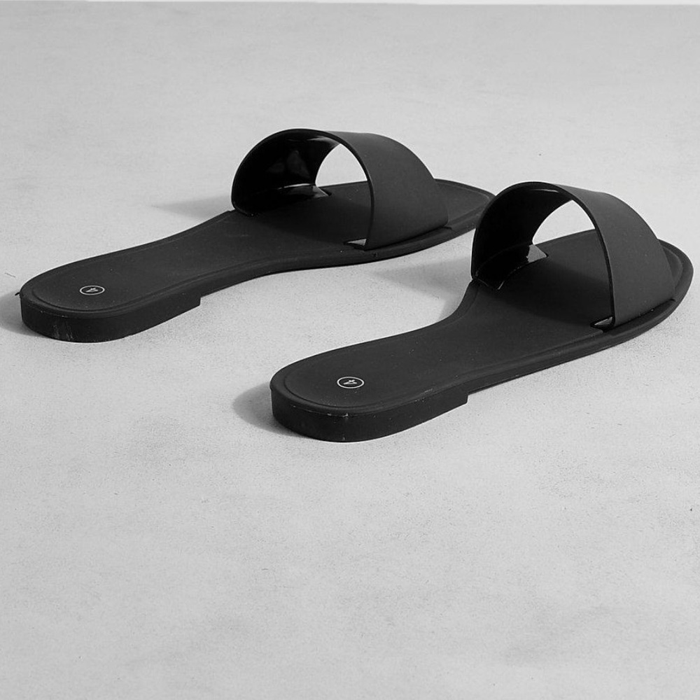 #65 - Classic Black Slide Sandals - Women's Minimal Slip-On, Size 7 USA - Picture 3 of 9